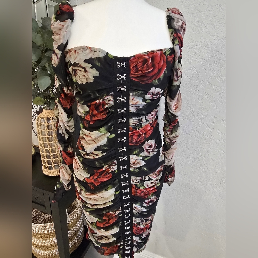 Floral Black Dress with Red and White Roses
